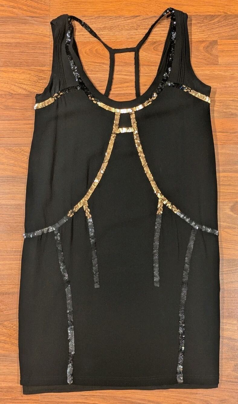 VTG Diesel Womens XS Black Sequin Mini Dress Y2K Racerback Gold Party Clubwear